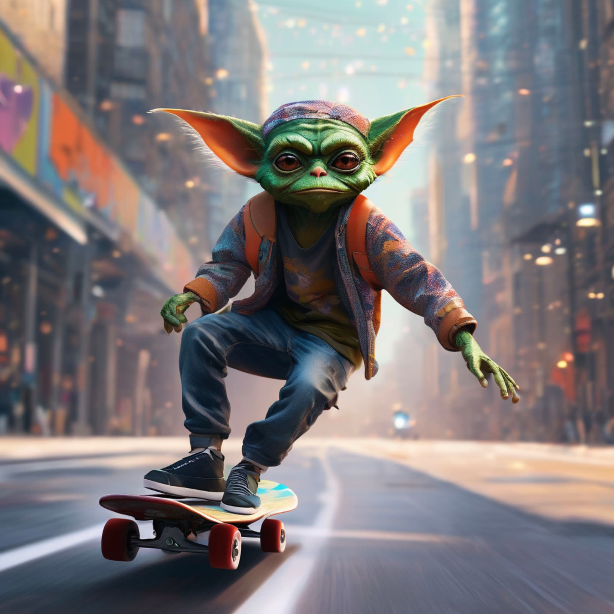 Leica portrait of a gremlin skateboarding through urban streets, with abstract coded patterns in the background, minimalist style, UHD resolution, urbancore and sovietwave aesthetics, resembling a period snapshot.