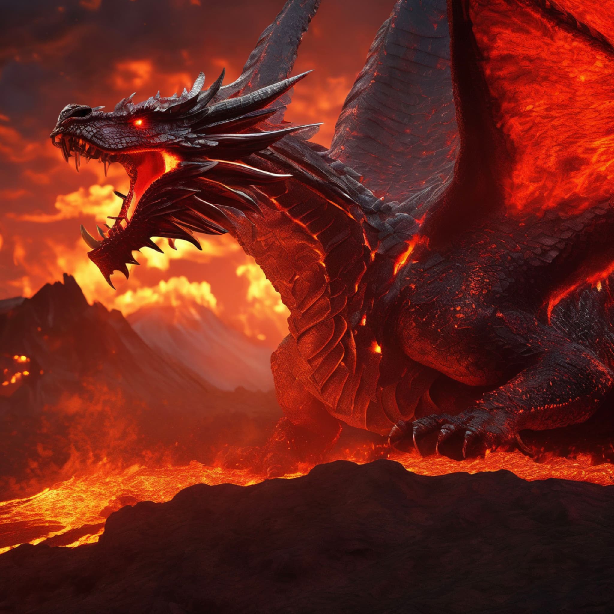 Crimson volcano spewing molten lava, a colossal ancient dragon awakening from the magma, scales shimmering with metallic glow under the firelight, wings spreading to cover the sky, flames bursting from its mouth, epic fantasy style, highly detailed