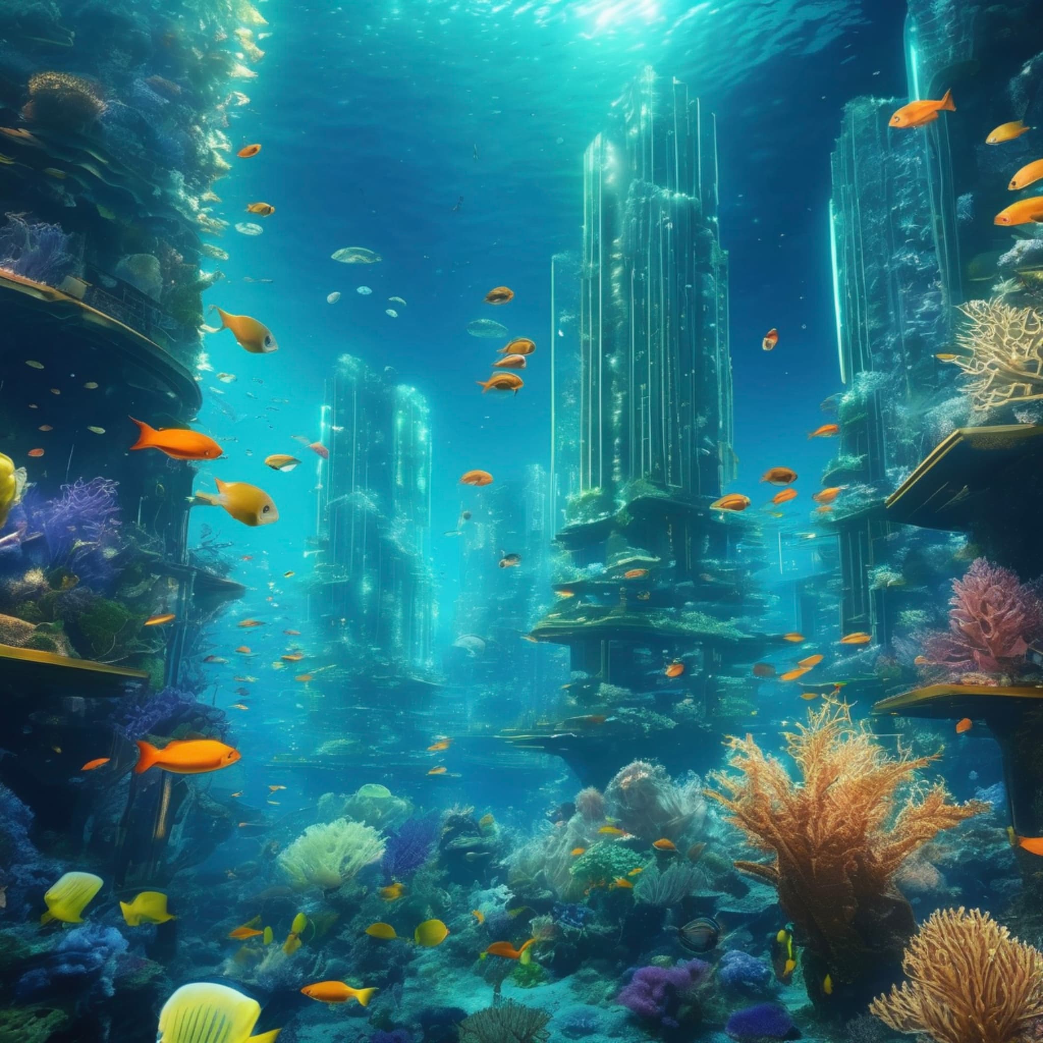 underwater city, glowing buildings, soft light emitted by creatures, colorful coral, jellyfish and fish schools swimming, swaying ocean plants, blue and green gradient, dreamlike underwater world, massive light source illuminating city streets, starry sky above the sea surface, crystal-clear waters, bizarre creatures, futuristic tech feel, HD 4K