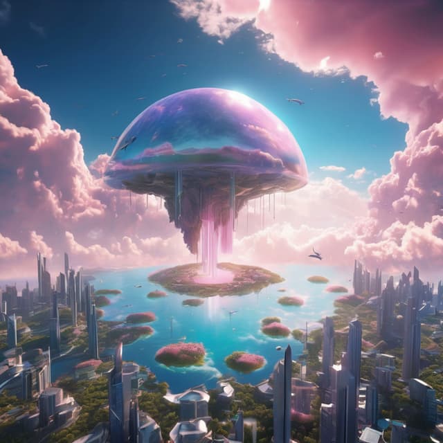 A giant floating island in the sky, a futuristic city built on top, whales swimming freely around the island, soft pink and blue clouds, sunlight beaming through the sky