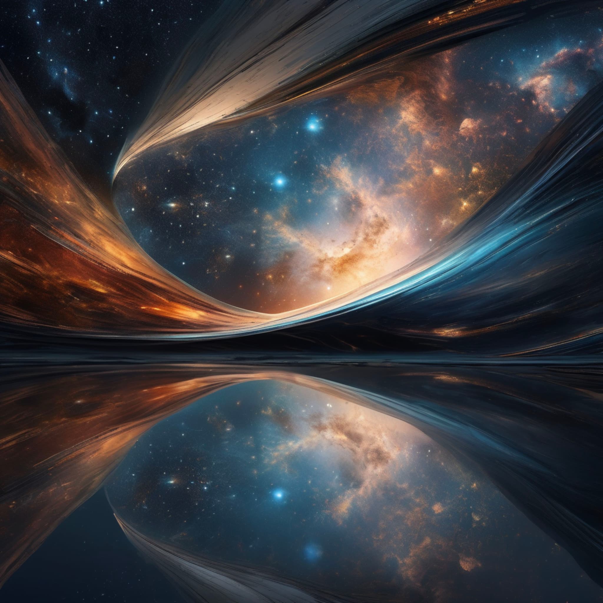 In the depths of the universe, stars and galaxies are reflected on a giant mirror, with time and space distorting within.