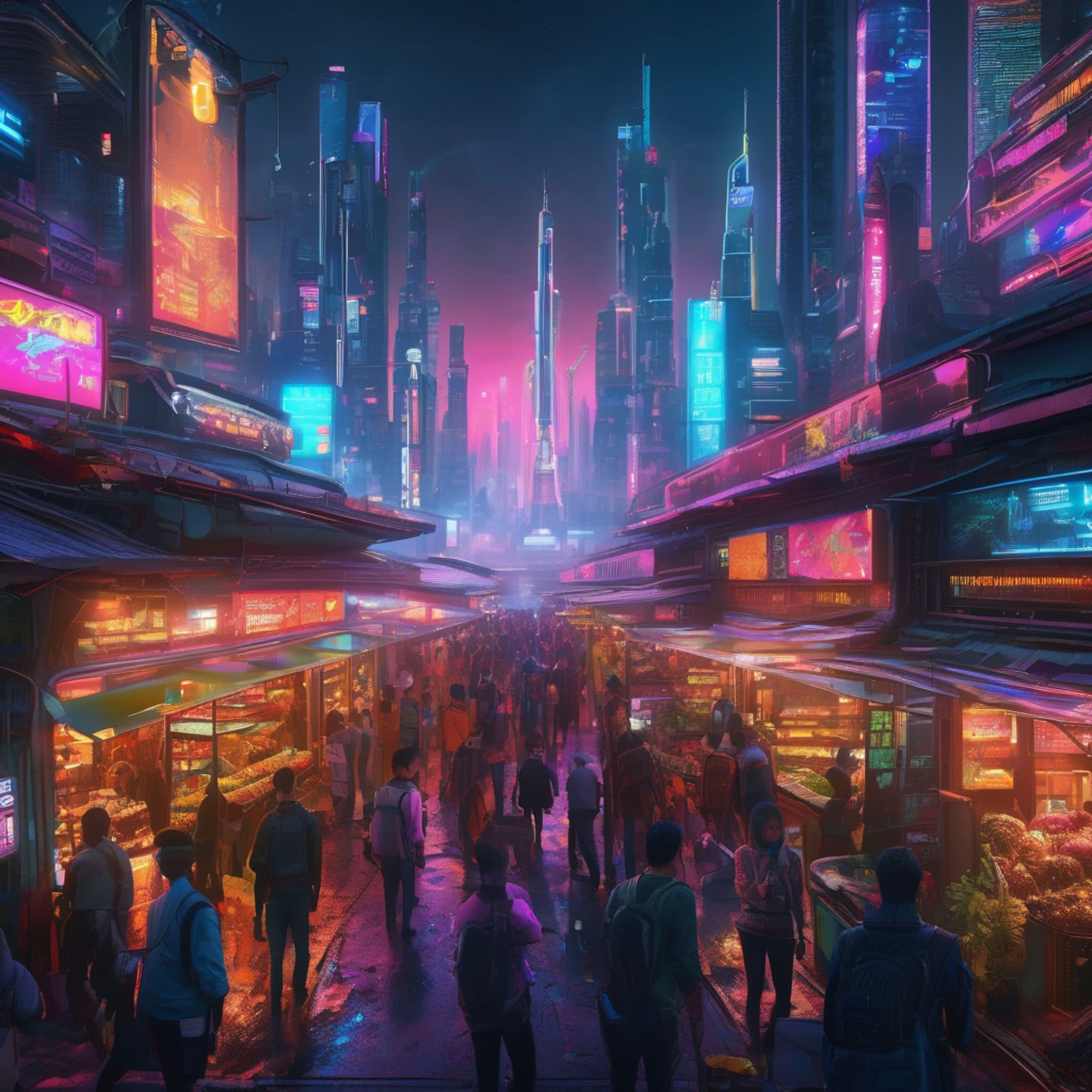 Bustling future city market, streets lined with electronic gadgets and food stalls, crowds filled with robots and aliens, neon-lit billboards adorning towering skyscrapers, shimmering neon lights blending, cyberpunk style, vibrant colors and details